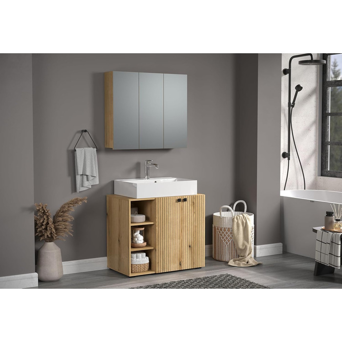 Тумба під раковину на колесахх trendteam PureBliss, 80x64x42 см, дуб Evoke, з 2 відкритими полицями та металевими ручками