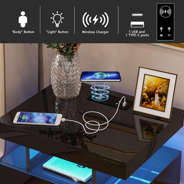 Нічний столик Lvifur з LED-підсвічуванням, сенсором руху та USB/Type-C зарядкою, 2 шухляди, бездротова зарядка, 3 кольори, регулювання яскравості, чорний колір