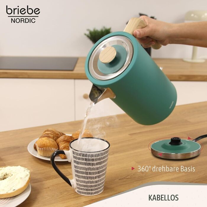 Тостер Briebe Nordic Set 2-слотовий з підставкою для булочок, 6 режимів + Електричний чайник 1.7л 2200W, BPA-free, Набір для сніданку в скандинавському дизайні (Зелений)