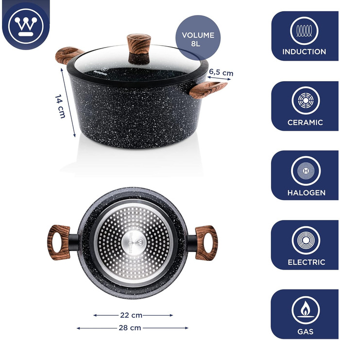 Каструля Westinghouse 28 см з кришкою, 3-шарове мармурове антипригарне покриття, алюмінієва, силіконові ручки під дерево, для посудомийної машини, чорна