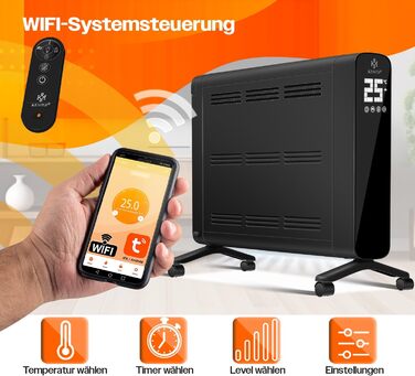 Електричний конвектор KESSER 1200/2400Вт, WiFi, термостат, таймер, сенсорний дисплей, економний, захист від перегріву, чорний