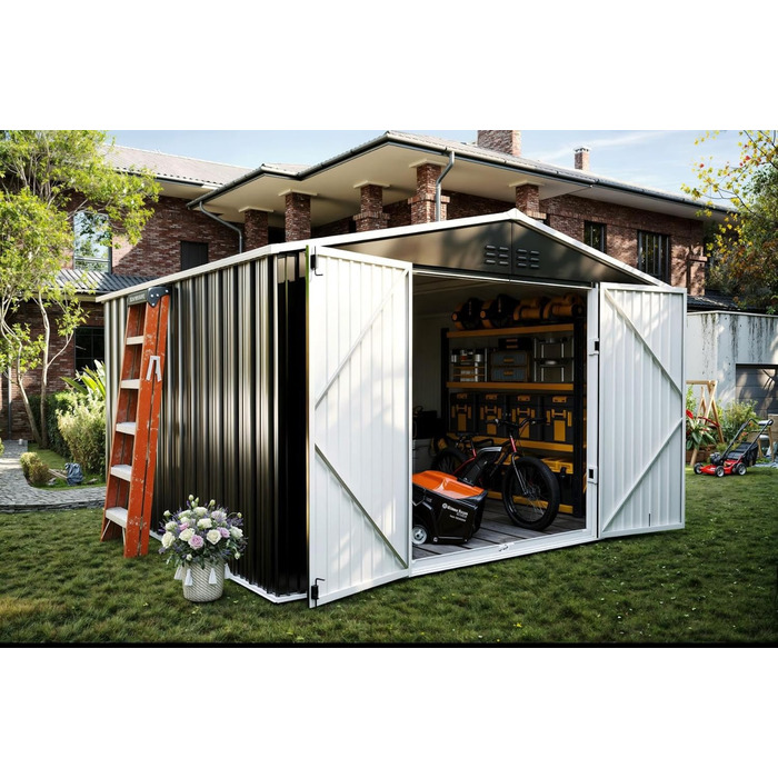 Садовий будинок UDPATIO металевий 4 м³ 228x121x181 см для вулиці, сталевий, з замком, сірий. Гараж для велосипедів, склад.