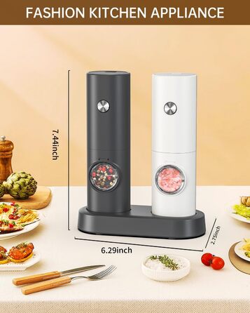 Електричні млинки для солі та перцю CIRCLE JOY, набір 2 шт., з підставкою, з білим LED-підсвічуванням і регулюванням помолу, чорний та білий колір, на батарейках