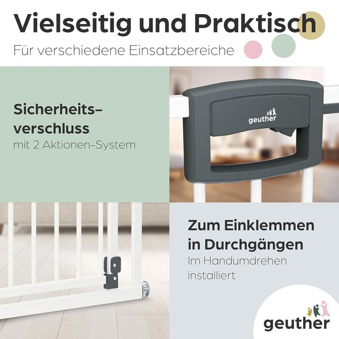 Захисний бар'єр на двері Geuther Easylock Plus для сходів, дерев'яно-металевий, без свердління, двосторонній, сірий-натуральний (120,5-128,5 см)