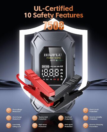 Пусковий пристрій Jump Starter 7500A з компресором 180 PSI та Powerbank 24000mAh для бензинових та дизельних авто (до 10.0L), PD65W, LED-дисплей