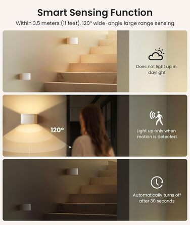 FULEN LED настінний світильник з акумулятором, датчиком руху, 3 кольори, 3 режими, бездротовий, з пультом, для спальні, вітальні, сходів, білий, 2 шт.