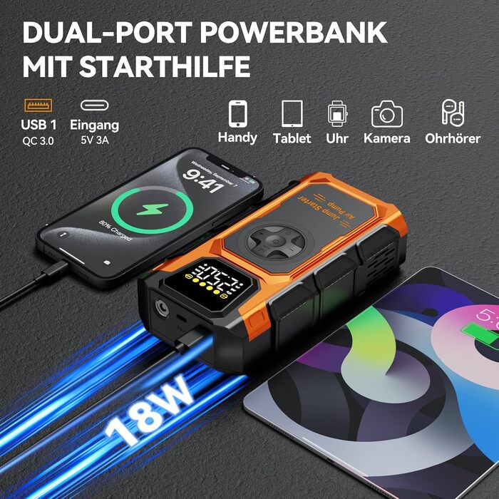 Пусковий пристрій (бустер) для авто Starthilfe 6000A з компресором 150 PSI, Powerbank 12V для бензинових та дизельних двигунів до 10л, з QC3.0, LCD-дисплеєм та ліхтарем, помаранчевий