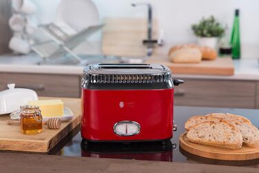 Тостер Russell Hobbs Retro 21680-56, нержавіюча сталь, червоний, 2 тости, 6 режимів, розморожування, підігрів