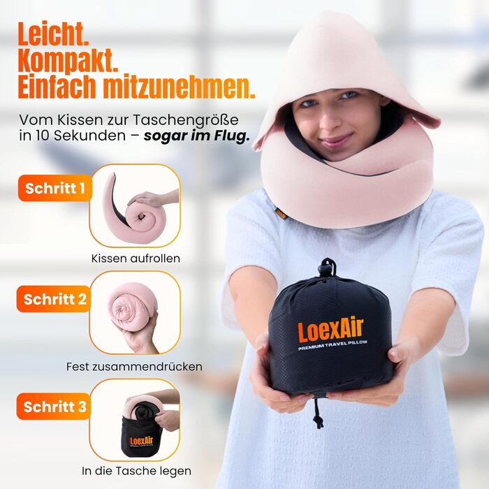 Подорожня подушка для шиї з капюшоном з ефектом пам'яті (Memory Foam) для літака та авто, 100% бавовна, захист від світла, Sakura Pink, Hooded Pro