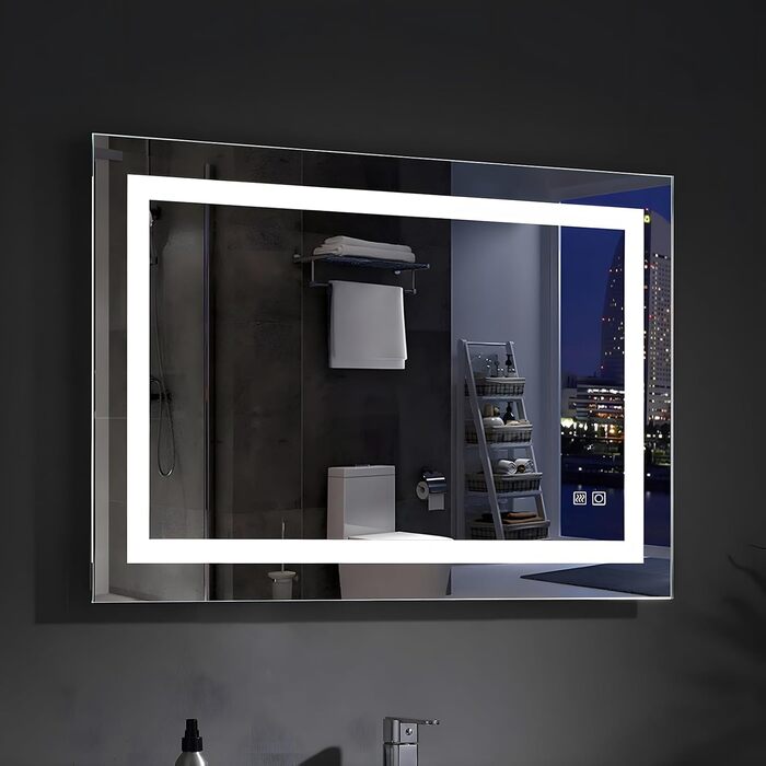 Великий дзеркало для ванної кімнати Badspiegel 120x70 см з підсвічуванням LED, сенсорне керування, антизапар, регулювання яскравості, для ванної кімнати та вітальні, білий колір, тип A: біле світло (50x70 см, 3 кольори світла / з розеткою)