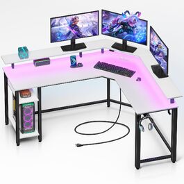 Кутовий комп'ютерний стіл Rolanstar L-подібний з RGB підсвіткою та розетками, 117 см (білий)