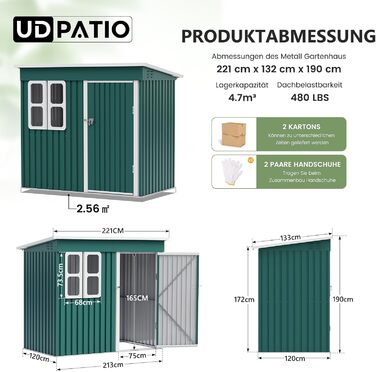 Металевий садовий будинок UDPATIO 222x132x190 см з вікном, дверима та вентиляцією, зелений. Гараж для велосипедів, сарай для інструментів, водонепроникний