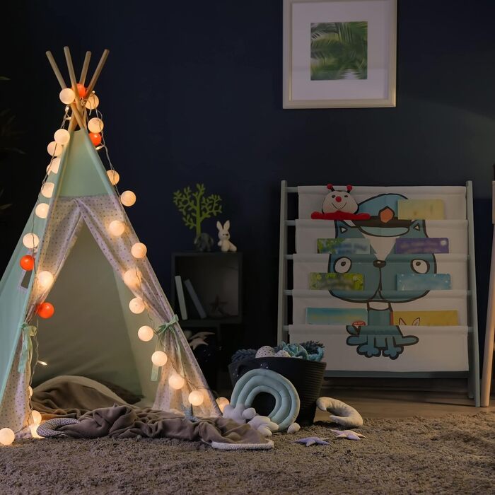 Дитяча книжкова полиця Relaxdays з малюнком собаки, 4 відділення, 71x61,5x30 см, МДФ та тканина, синя/біла