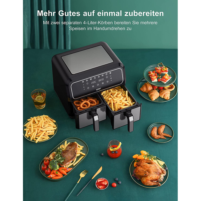 Інскій аерофритюрниця подвійна 8 л, 8 програм, 2 кошики, без олії, Dual Cook, Shake, XL