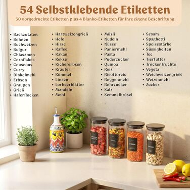 Набір скляних банок для зберігання продуктів EDELHAUS з кришками, чорні (5 шт), 4x1200 мл, з 54 етикетками — органайзер для кухні (борошно, цукор, паста, кава, чай)
