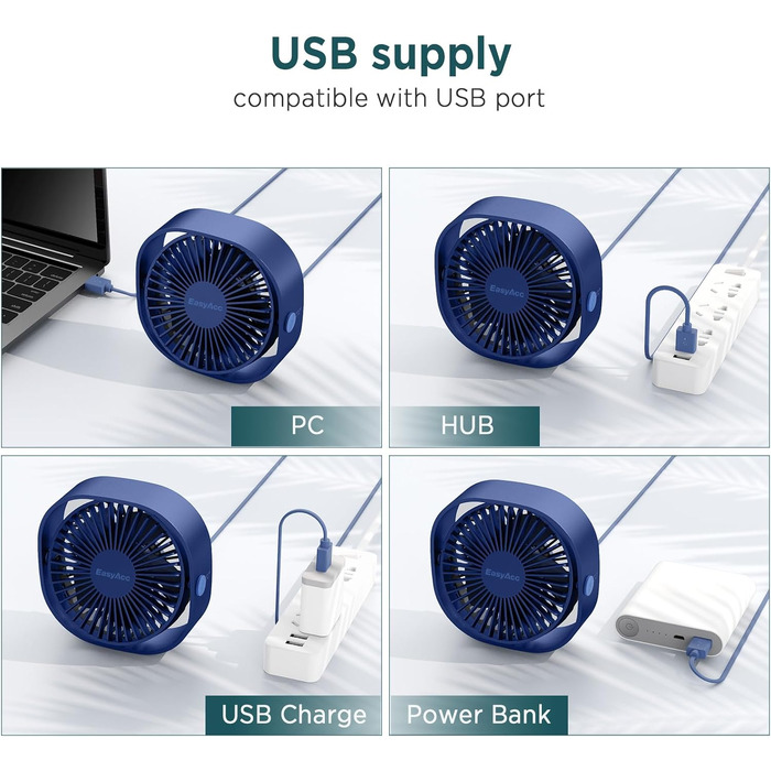 Вентилятор USB EasyAcc міні, настільний з обертанням 360°, 3 швидкості, синій (Marineblau) - гарантія 2 роки