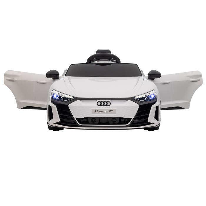Дитячий електромобіль Audi RS e-tron GT з ременем безпеки, пультом дистанційного керування, фарами, музичною функцією, білий колір, розміри 103 x 58 x 41 см