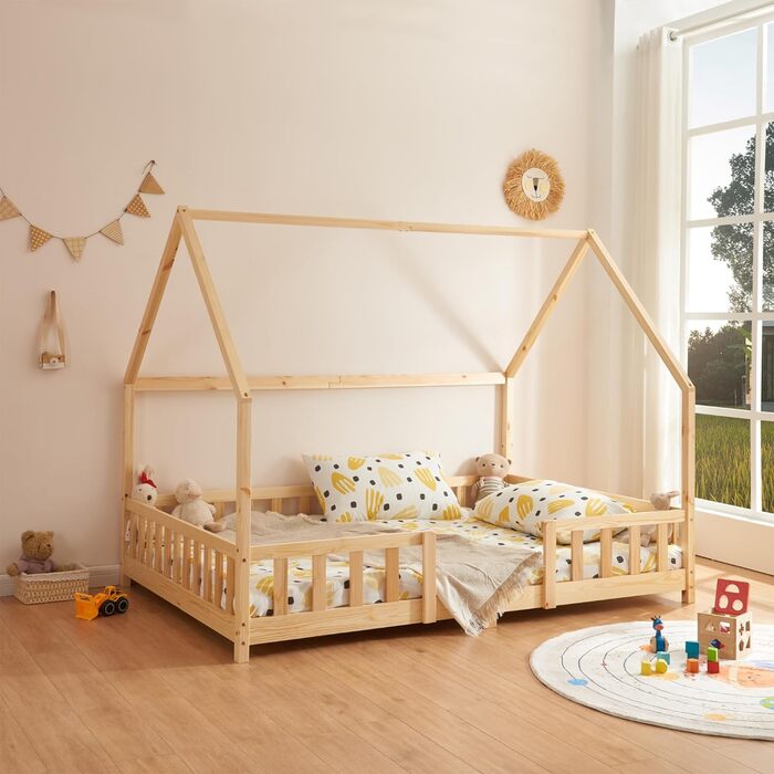 Дитяче ліжко-домік en.casa Sisimiut 140x200 см з бортиками, підліжковий каркас, масив сосни, натуральний колір