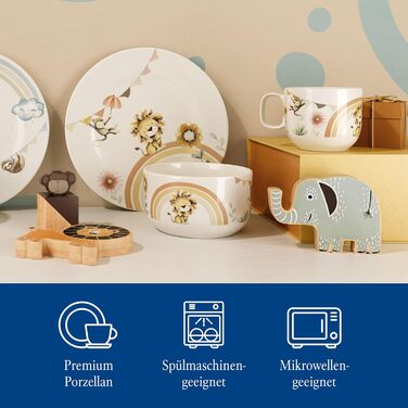 Набір дитячого посуду Villeroy & Boch Boho Kids 'Roar like a lion' 7 предметів, преміум-посуд з нержавіючої сталі, безпечний для миття в посудомийній машині та розігріву в мікрохвильовці, дитячий посуд з мотивом лева та мавпи, з високоякісного порцеляни