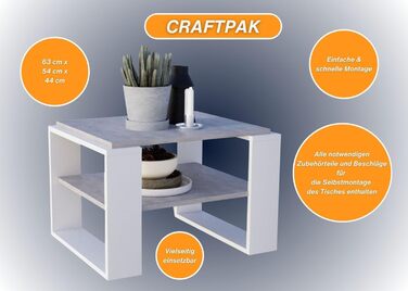 Журнальний стіл CraftPAK Kaja 63 бетон-білий, деревостружковий матеріал, сучасний стіл для вітальні з додатковою полицею