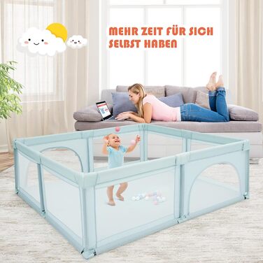 Дитячий манеж COSTWAY 206x185,5 см з 50 ігровими кульками, дихаючою сіткою та двома дверцятами, манеж-загородка для немовлят і дітей, синій