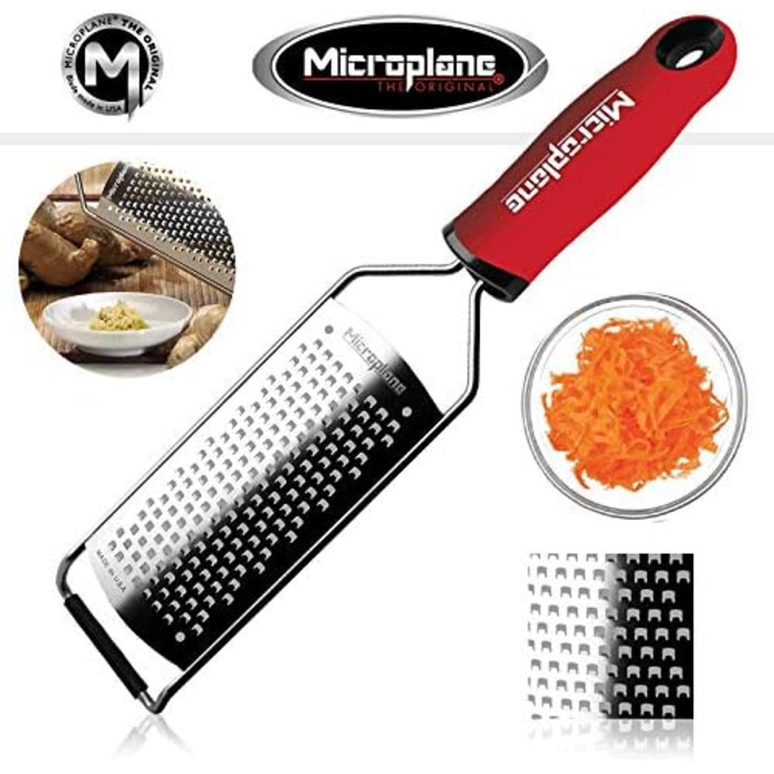 Терка кухонна Microplane Grob для сиру, моркви, імбиру, кокосу та хріну, червона з нержавіючою сталлю, Made in USA
