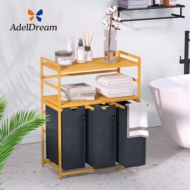 Кошик для білизни AdelDream 150 л, 3 секції, 2 полиці, висувний та знімний мішок, роздільник для білизни з бамбуковим каркасом, сірий