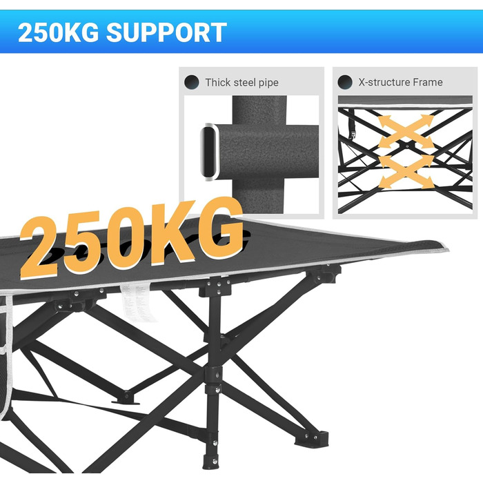 Складане польове ліжко Overmont 190x71x36 см, до 250 кг, 2400D Оксфорд з бічною кишенею і сумкою для перенесення, для кемпінгу, саду, офісу