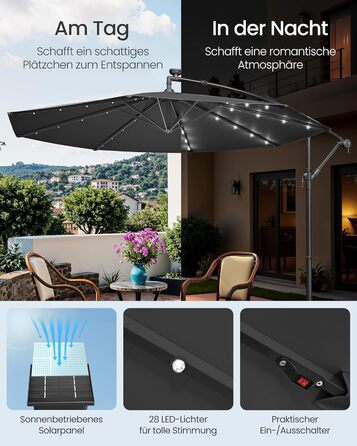 Парасолька SONGMICS з LED-сонячним підсвічуванням, 300 см, 32 LED, з підставкою, сонцезахист UPF 50+, для балкона, тераси, саду, сіра