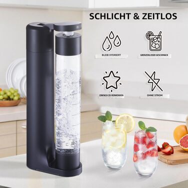 Сифон для газування води Seltzer Sprudelwasser-Maschine, домашній содоmaker з 2 BPA-free пляшками по 1 л, сумісний з балонами CO2 60 л, чорний