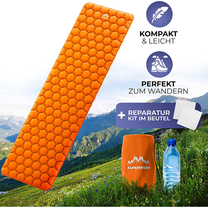 Ультралегка надувна туристична ізомат для кемпінгу Alpenwert, компактна, помаранчева