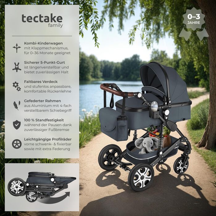Дитяча коляска Tectake 2 в 1, розкладна, з люлькою, вагончиком, підстаканником, дощовиком, сірого кольору