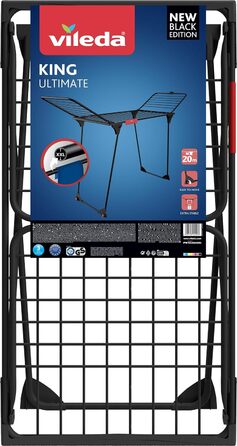 Сушарка для білизни Vileda KING Ultimate Black Edition, 20 м, XXL-розмір, тримач для дрібних речей, стійка та міцна, з колесами, легке транспортування, Eco-Pack