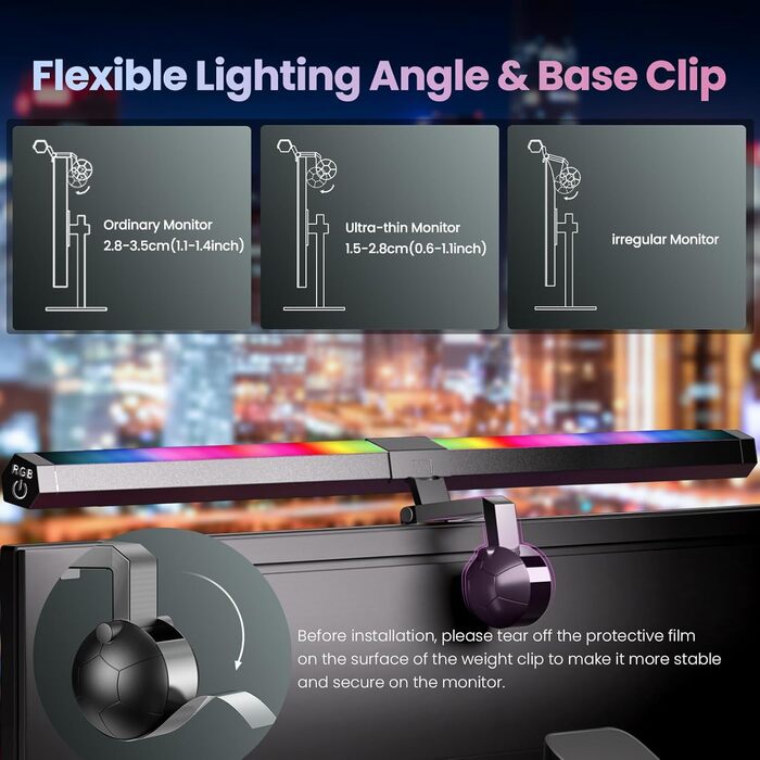Quntis LED лампа для монітора 51 см, RGB підсвітка, USB, регульована світлова панель для комп’ютера, 15 кольорів, для ігор та читання