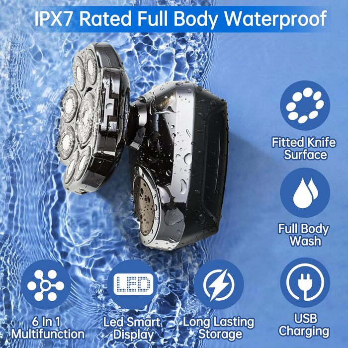 Електрична бритва для гоління голови чоловіча 9D Skull Shaver, водонепроникна IPX7, LCD-дисплей, 6-в-1 з тримером для носа, Type-C зарядка