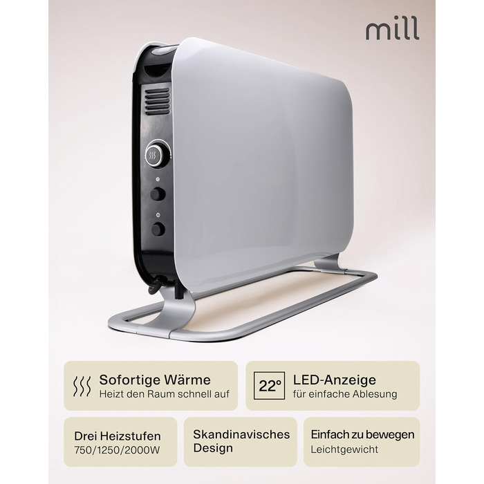 Електричний конвекторний обігрівач Mill 2200W - для кімнат 24-28 м², з таймером, білий