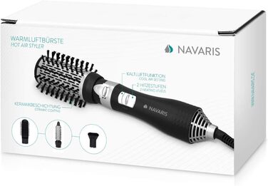 Фен-щітка Navaris з 4 насадками: керамічна кругла, термощітка, щітка з втяжними щетинками, гребінець для укладки, чорна-срібляста