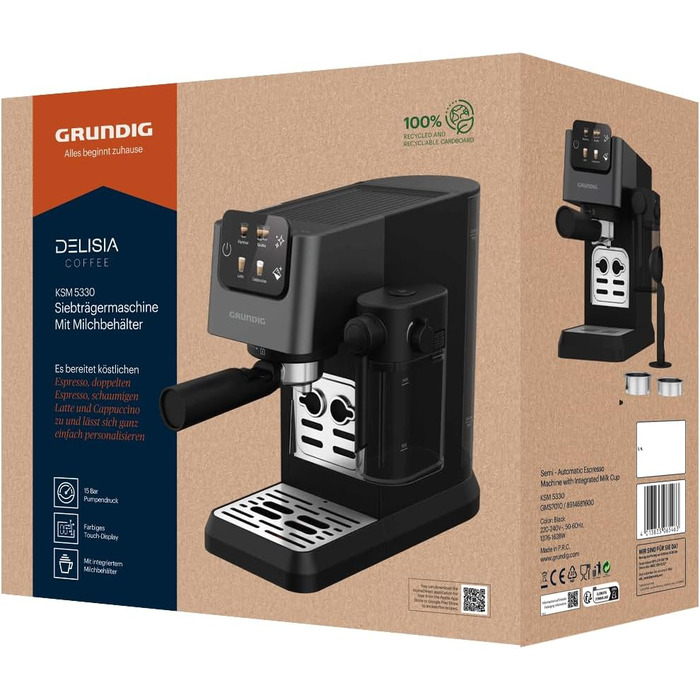 Еспресо-кавоварка GRUNDIG KSM 5330 з молочним контейнером, 1628 Вт, 15 бар, двійна насадка, сенсорний дисплей, BrewSense, CreamyPro, нержавіюча сталь/чорна
