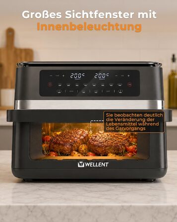 Аерофритюрниця WELLENT 12L Dual Zone XXL - двокамерна фритюрниця з гарячим повітрям 2950W (6+6Л), з вікном перегляду, функціями Match & Sync та нагадуванням про струшування, придатна для посудомийки