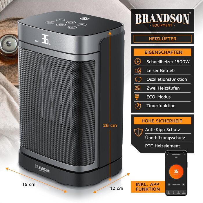 Керамічний обігрівач Brandson з Wi-Fi, тихий, енергозберігаючий, з пультом керування, функцією осциляції, ECO-режимом, дитячим замком та таймером – для ванної, вітальні, офісу, дитячої кімнати