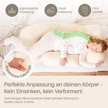 Подушка для вагітних та годування XL для сну на боці, з наповнювачем Memory Foam та чохлом з 100% бавовни, бежева