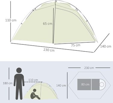 Намет для кемпінгу Outsunny на 2 особи, купольний, водонепроникний 3000 мм, легкий, алюмінієвий каркас, нейлон, кремово-білий, 230x140x110 см, для трекінгу та фестивалів