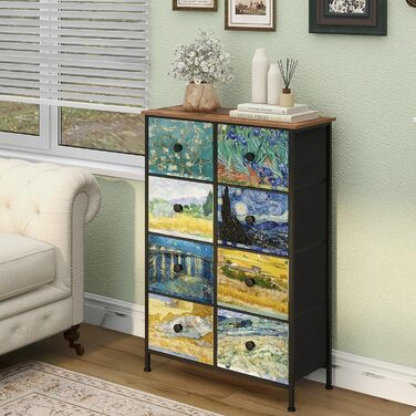 Вузька комод VEDECASA з 8 шухлядами Van Gogh для спальні, дитячої, вітальні, коридору, офісу, металевий каркас, дерев'яна стільниця, тканинні шухляди, 30×67×100 см