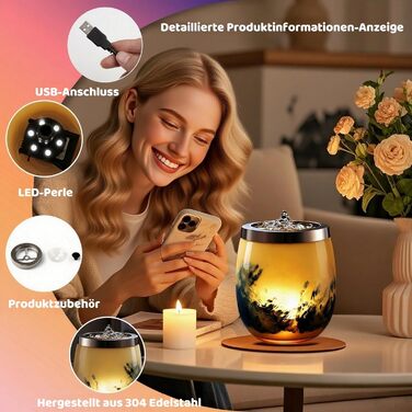 Декоративний настільний фонтан VOREEN з підсвіткою LED, жовте скло ручної роботи, 15 см