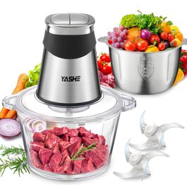 Подрібнювач продуктів YASHE 500W електричний з чашею 1.8л з нержавіючої сталі, міні-кухонний комбайн, чорний + нержавіюча сталь (2 чаші)