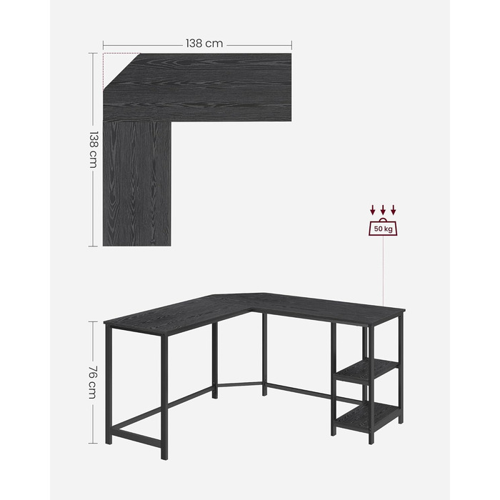 VASAGLE L-подібний кутовий стіл для комп'ютера, 138 x 138 x 76 см, з 2 полицями, для офісу та дому, ігровий, чорний з імітацією дерева, LWD072B56