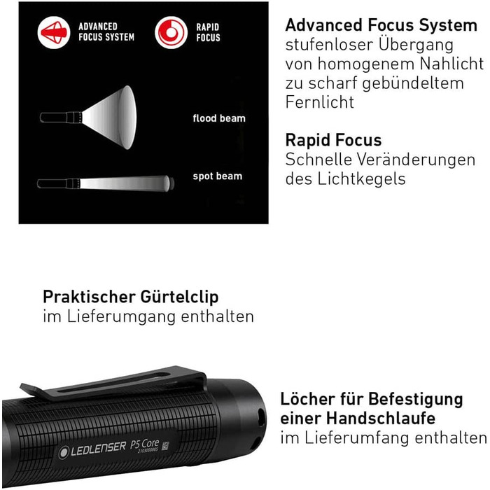 Ліхтарик Ledlenser P5 Core компактний LED, 150 лм, фокусування, 1x AA, 90 м, з батарейкою, акумуляторний