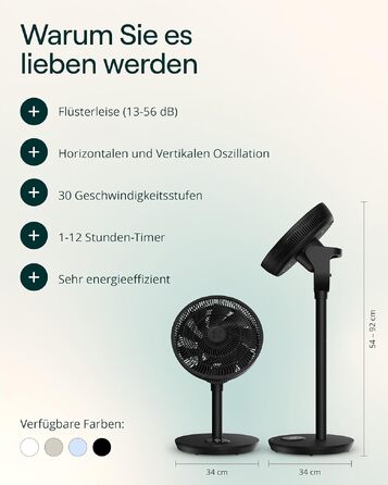 Duux Whisper Flex 2 Smart Вентилятор - Тихий (13 дБ), Нічний режим, Таймер, Регульована висота (54-92 см), Енергоефективний, Керування через App та Пульт - Чорний