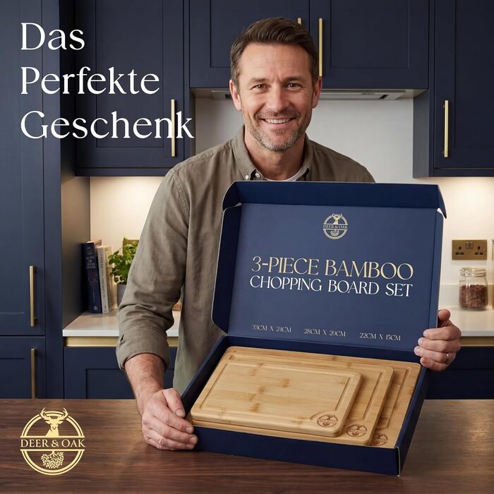 Набір дощок для нарізання Deer & Oak з бамбука XXL та велика (43x30 & 38x25 см) – 2 дерев'яні дошки для м'яса та овочів + ніж (3 предмети)