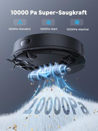 Робот-пилосос Vyzzle з функцією вологого прибирання та стацією самоочищення 3.5л, потужність 10000Па, LiDAR навігація, керування через додаток, для твердих підлог, килимів та шерсті тварин, чорний